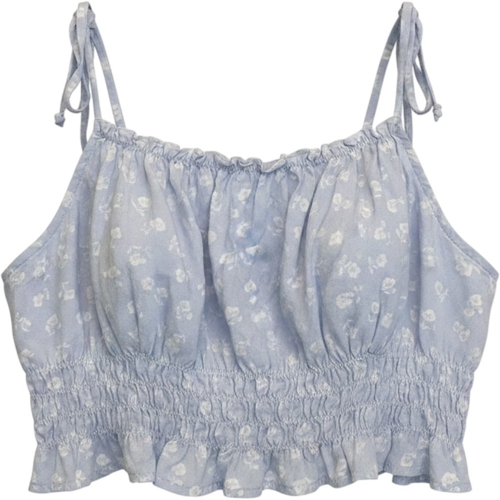 Kendall & Kylie Floral Smocked Crop Top Women Medium Blue Excellent Tie Strap